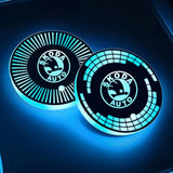 2pcs Skoda Logo Car Water Coasters 7-color LED Light Cup Mat Holder