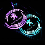 2pcs Peugeot Logo Car Water Coasters 7-color LED Light Cup Mat Holder